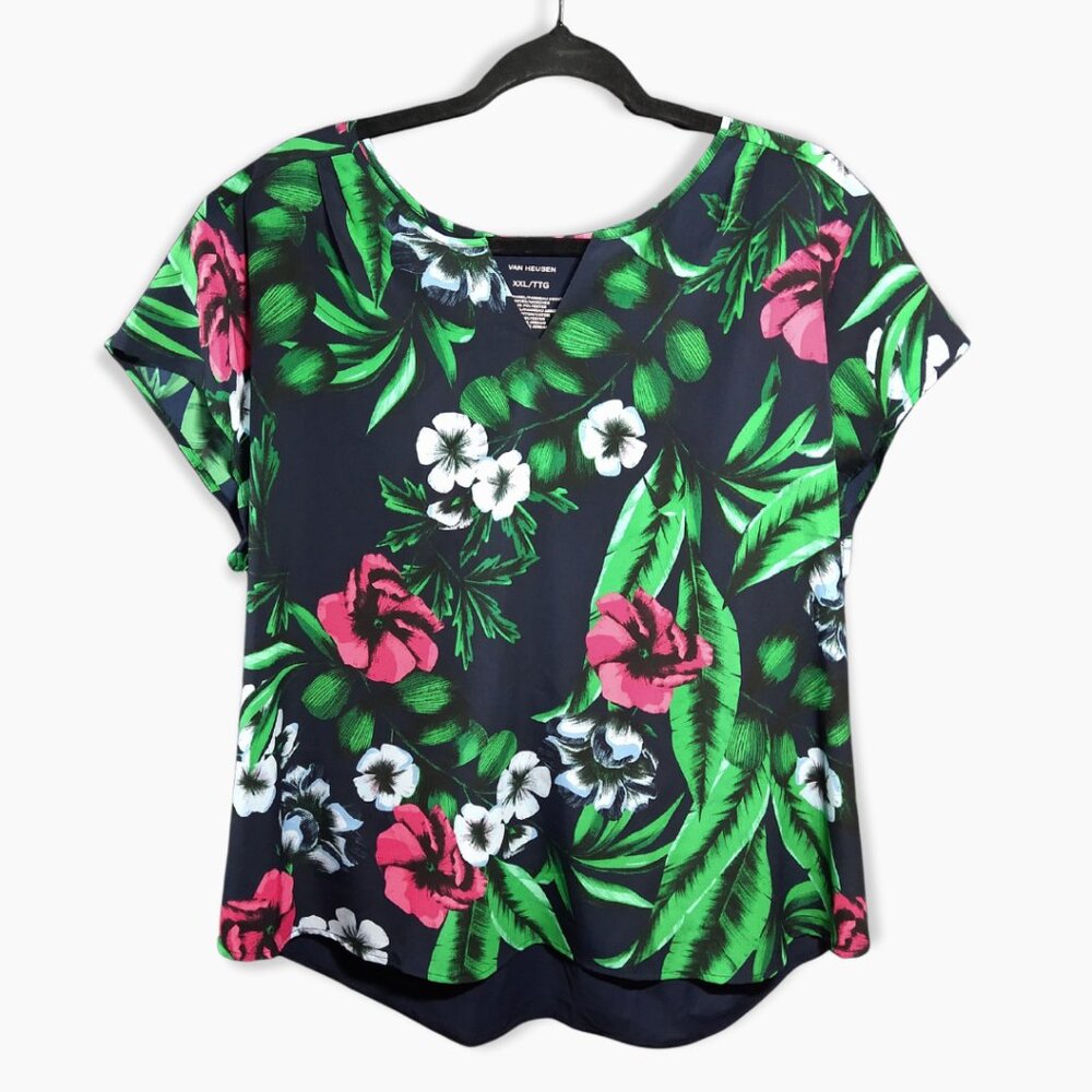 Van Heusen Women’s XXL Tropical Floral Blouse Navy Short Sleeve Lightweight Top